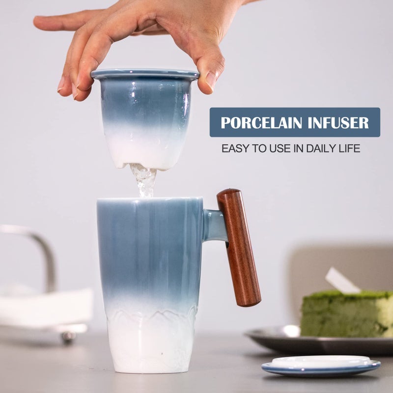 suyika Tomotime Tea Cup with Infuser and Lid 400ml Ceramic Tea Mugs Smooth Inner Wall Wooden Handle 13.5 oz,Blue - Image 2